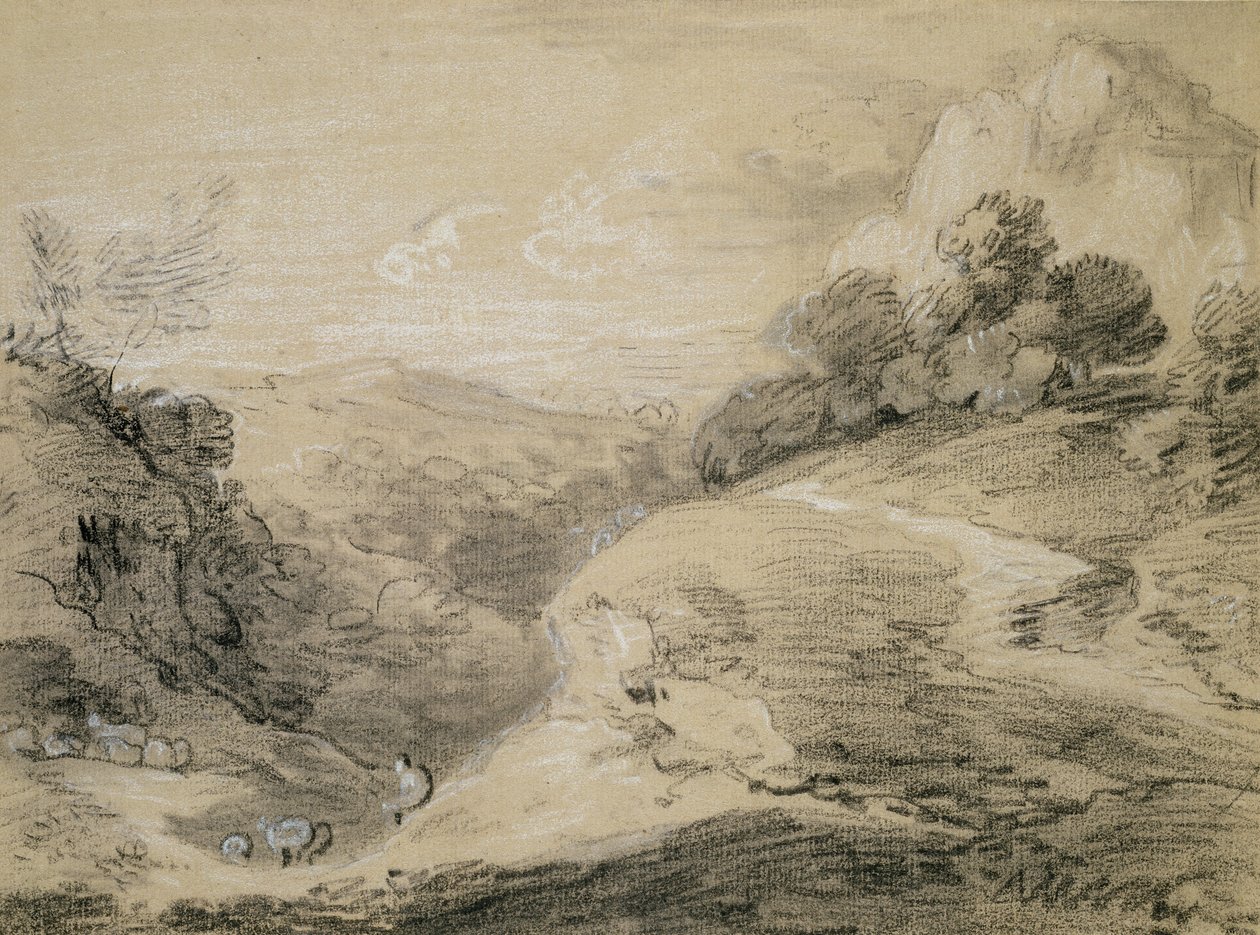 Mäkinen maisema paimenen ja lampaiden kanssa (mustavalkoinen liitu kiillotuspaperilla) tekijältä Thomas Gainsborough
