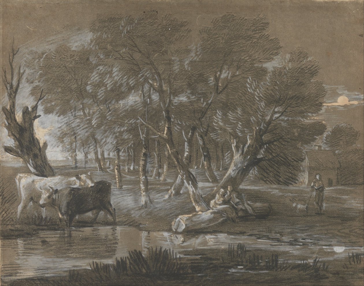 Kuutamoinen maisema karjan kanssa uima -altaalla tekijältä Thomas Gainsborough