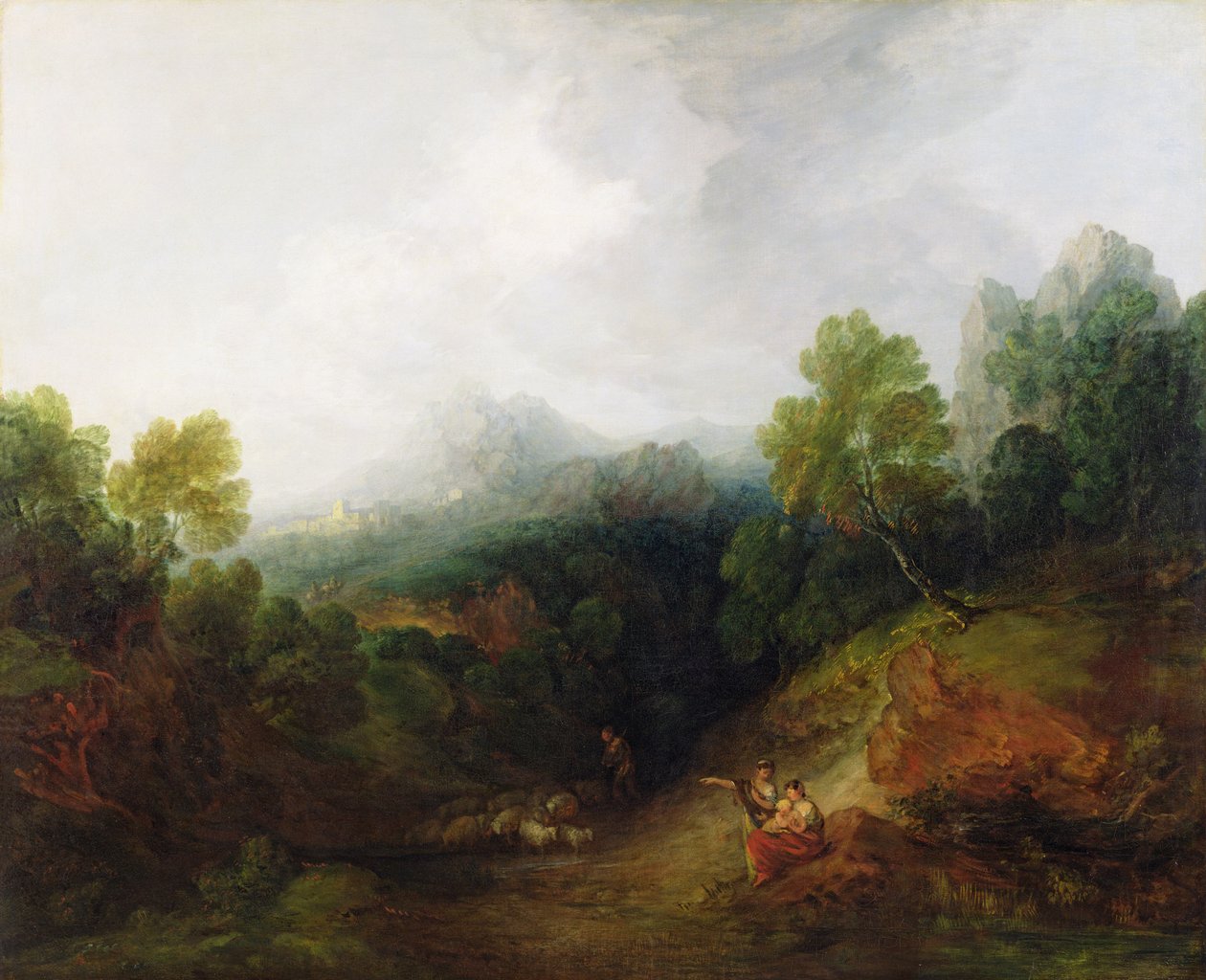 Vuoristolaakso maalaismaisilla hahmoilla, n. 1773-7 tekijältä Thomas Gainsborough