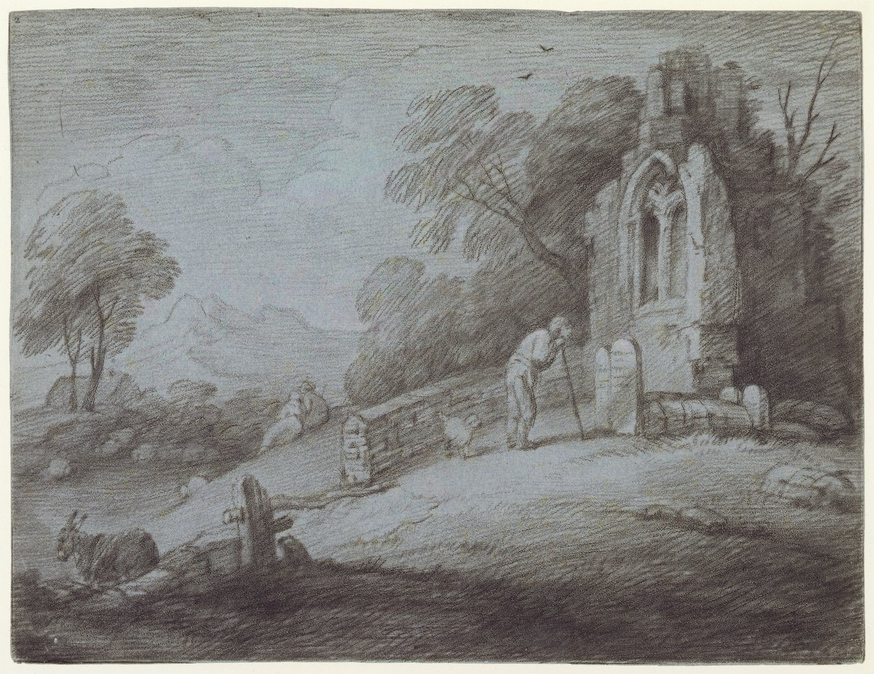 Kirkkopiha, jossa hautakiveä miettivä hahmo (etsaus paperille) tekijältä Thomas Gainsborough