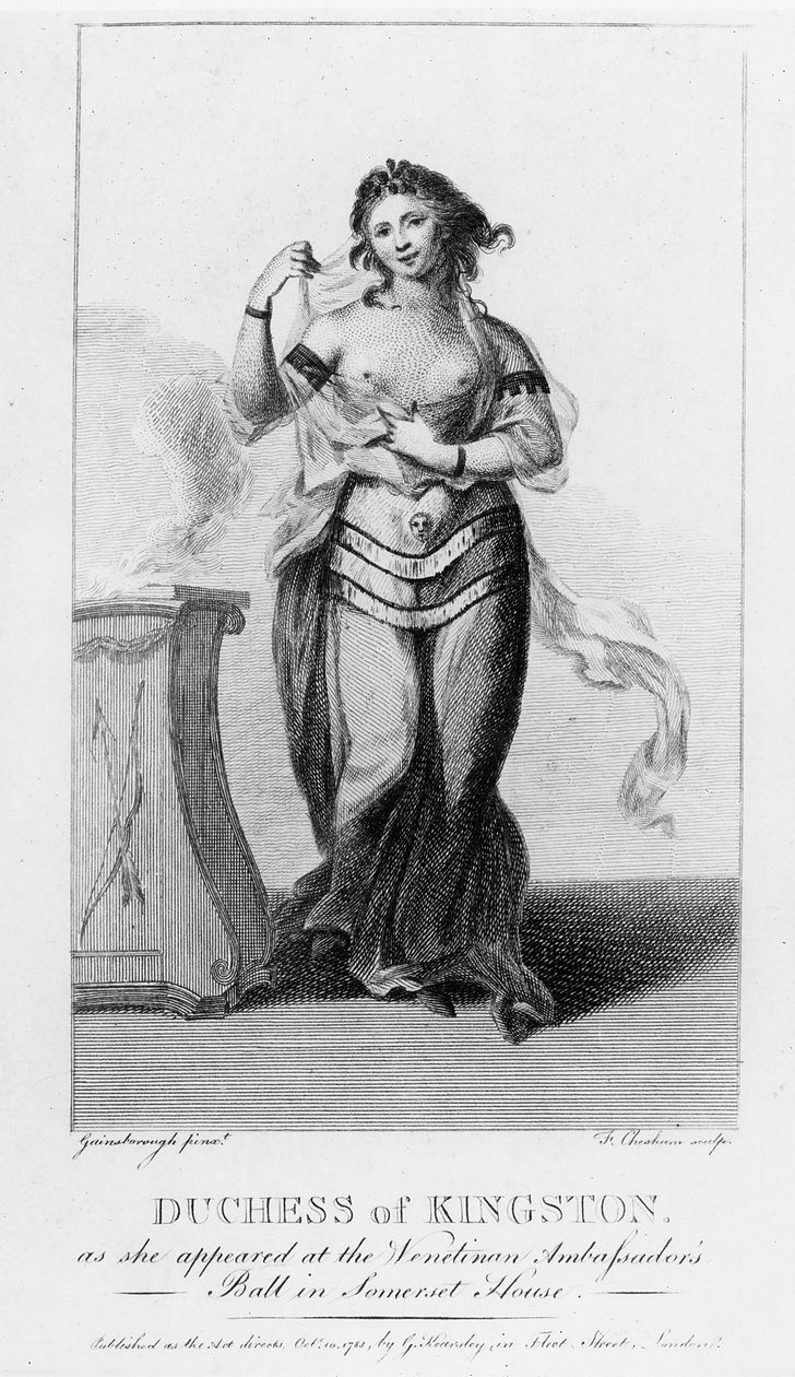 Elizabeth Chudleigh (1720-88) Kingstonin herttuatar esiintyessään Venetsian suurlähettilään juhlassa Somerset Housessa, kaiverrus Francis Chesham (1749-1806) (kaiverrus) (bw-kuva) tekijältä Thomas Gainsborough