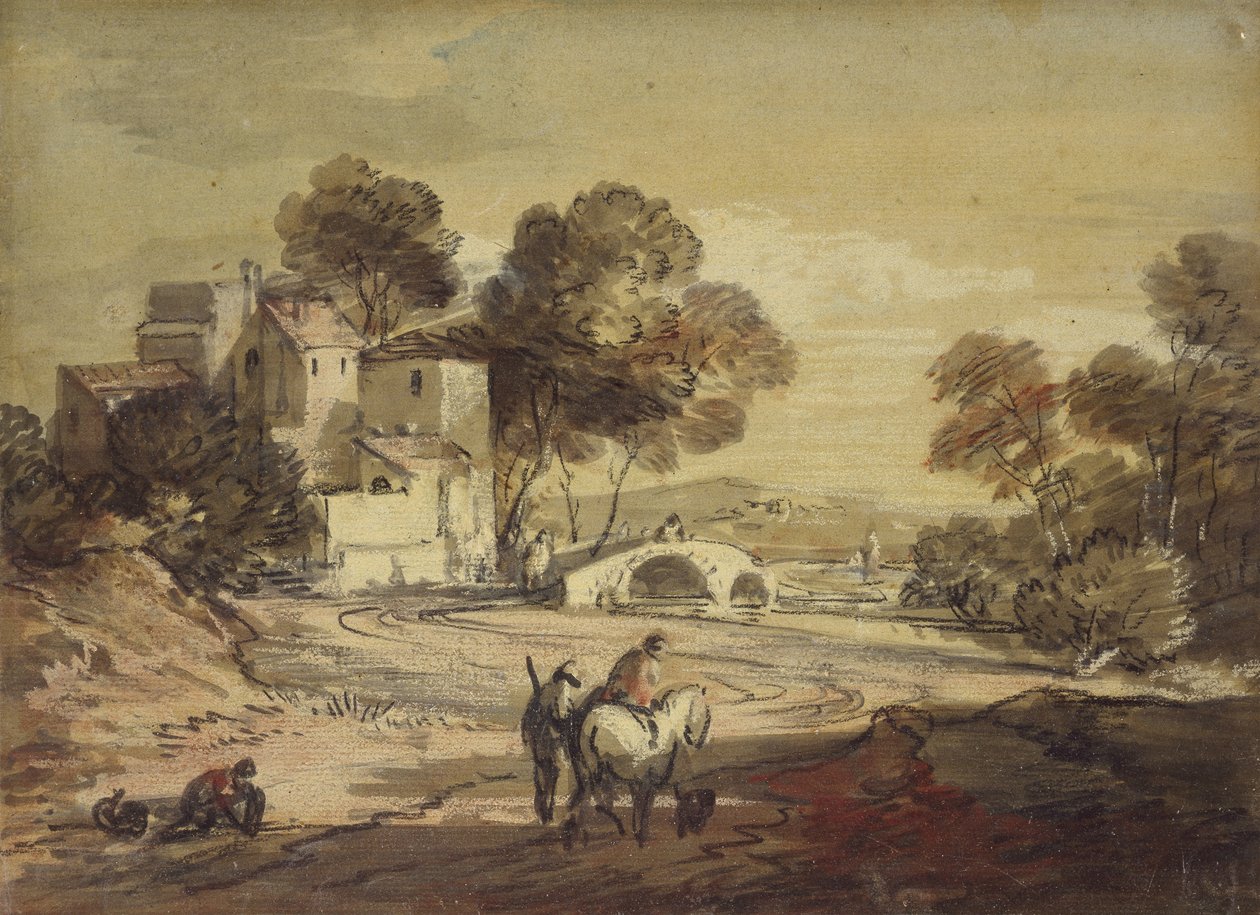 Italialaismaisema, jossa kulkijoita kiemurtelevalla tiellä, 1775 - 1779 (musta liitu, akvarelli ja bodycolour, lakattu) tekijältä Thomas Gainsborough