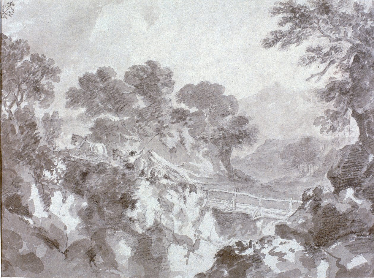 Maisema sillan kanssa (wc, kynä ja liitu paperille) tekijältä Thomas Gainsborough