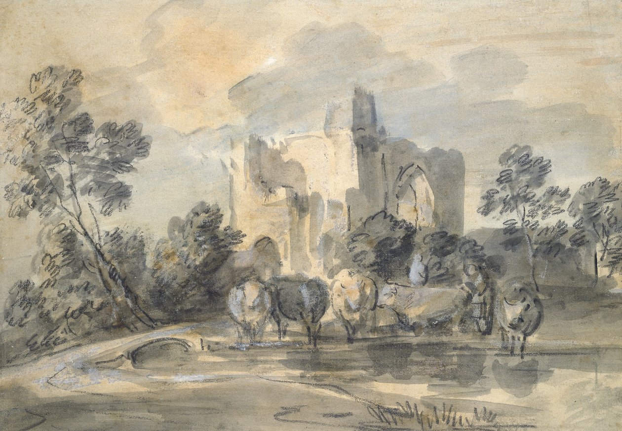Maisema rauniolla linnalla ja karja altaan äärellä (musta liitu ja akvarelli, korostettu valkoisella, vaalean kiiltävälle paperille) tekijältä Thomas Gainsborough
