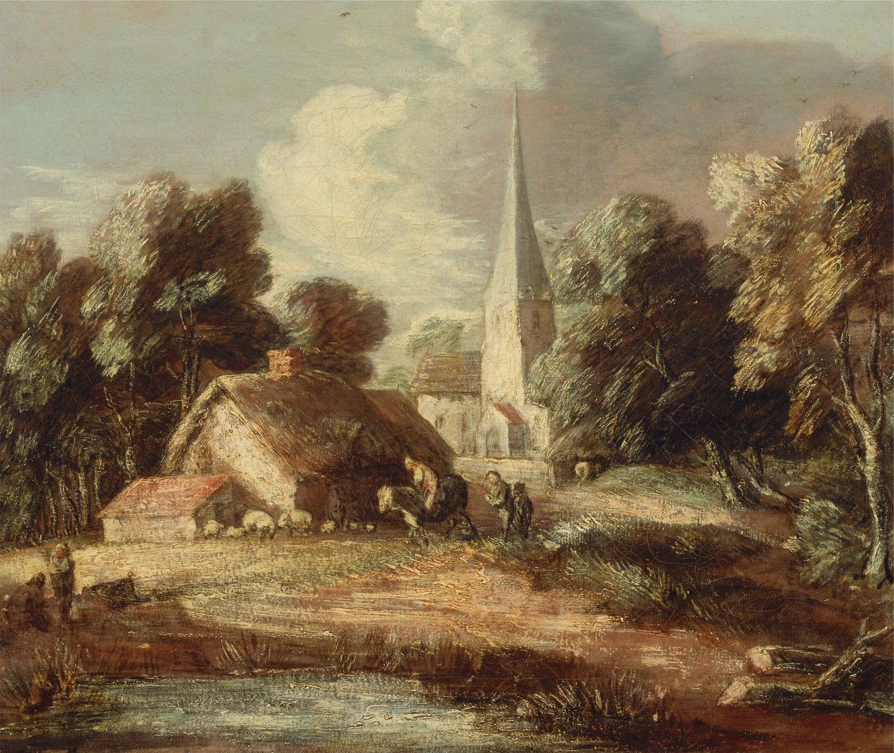 Maisema, jossa on mökki ja kirkko tekijältä Thomas Gainsborough