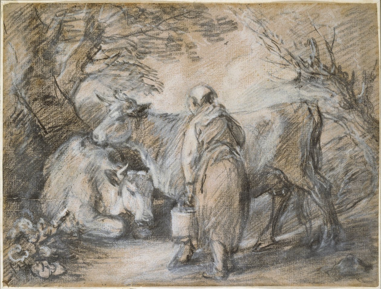 Lypsyneito kahdella lehmällä (musta liitu ja kanto valkoisella korotettuna, vaaleanpunaisella karkealla paperilla) tekijältä Thomas Gainsborough