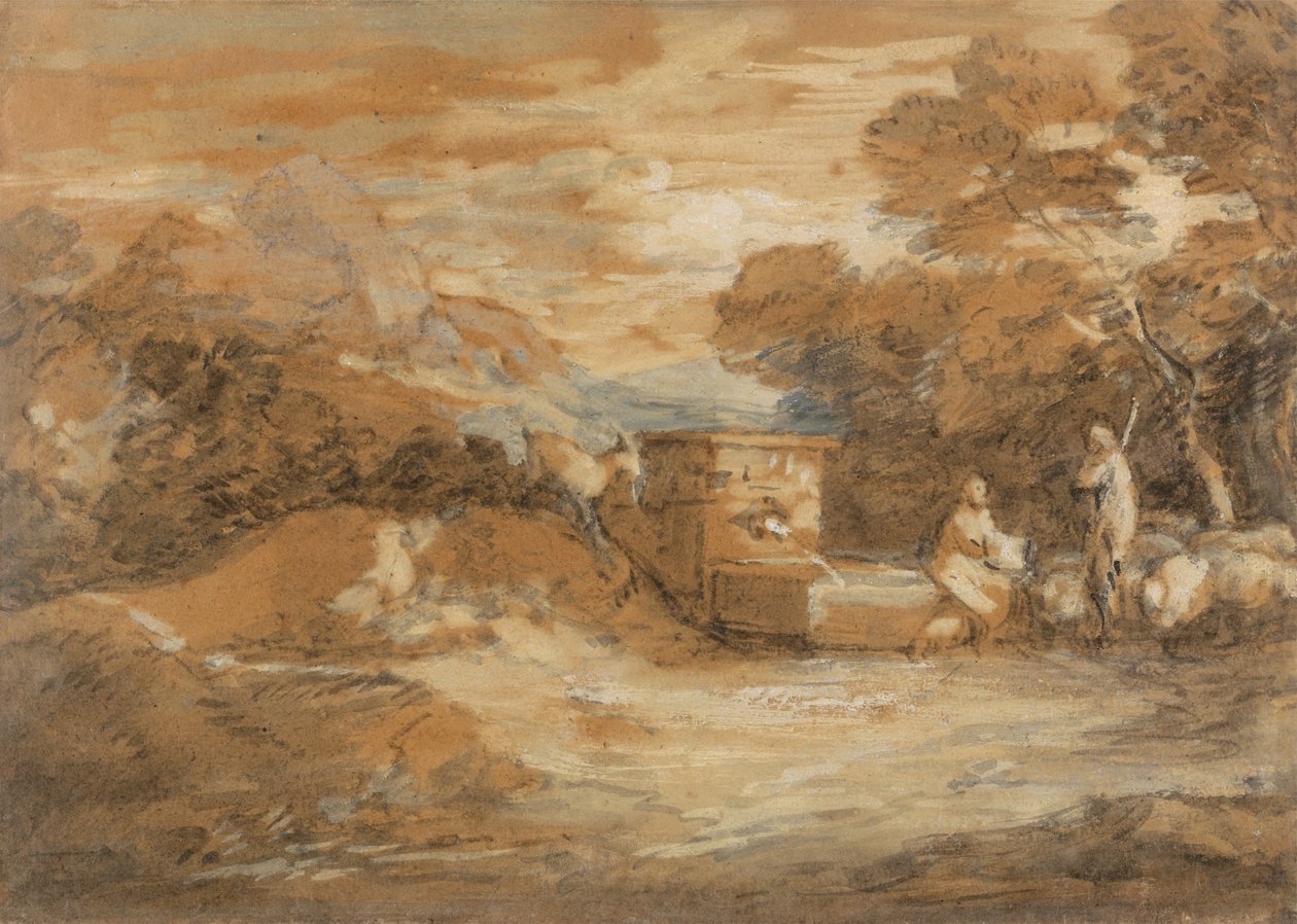 Vuoristomaisema hahmoilla, lampailla ja suihkulähteellä tekijältä Thomas Gainsborough