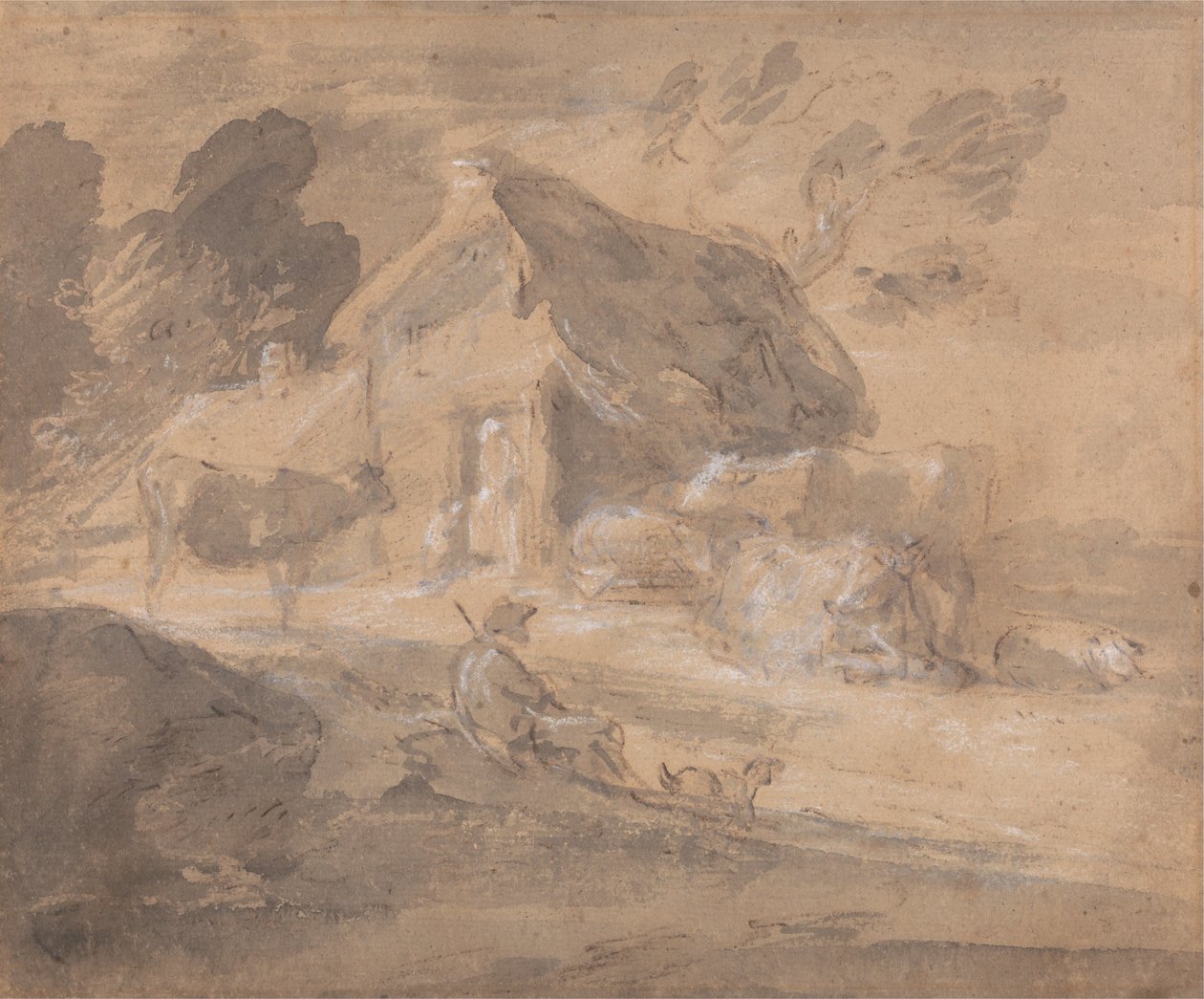 Avoin maisema hahmoilla, lehmillä ja mökillä tekijältä Thomas Gainsborough