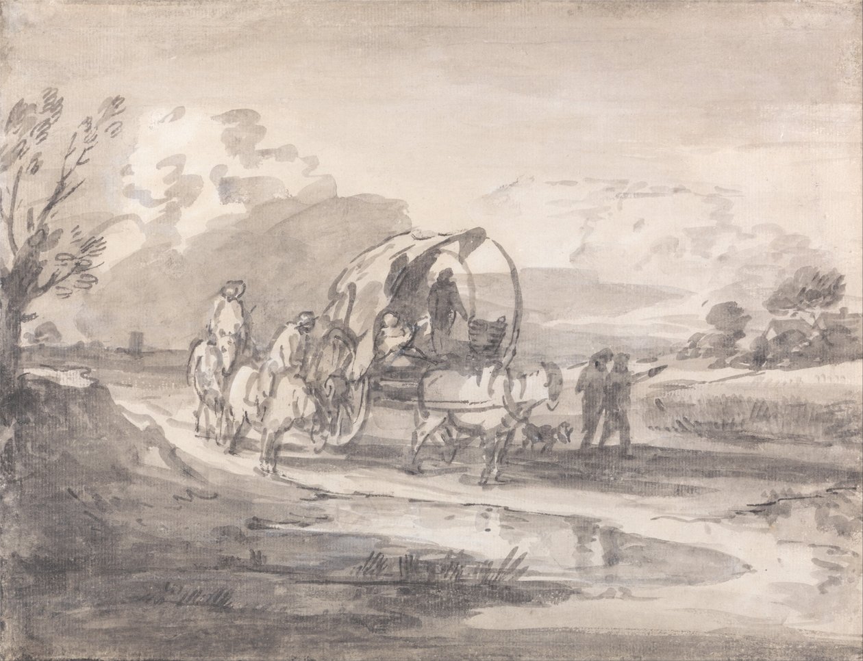 Avoin maisema ratsumiehillä ja katetulla kärryllä tekijältä Thomas Gainsborough