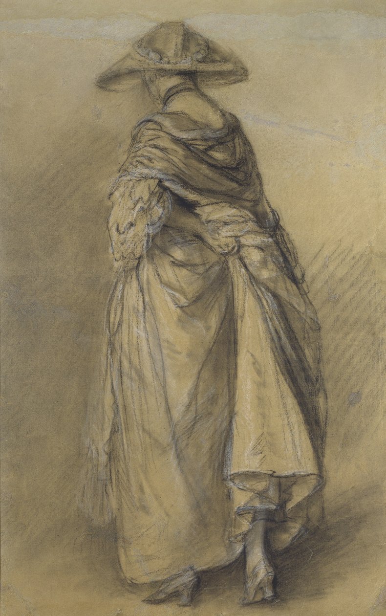 Tutkimus naisesta, selästä katsottuna (musta liitu ja kanto, korotettu valkoisella harmahtavanruskealle paperille) tekijältä Thomas Gainsborough