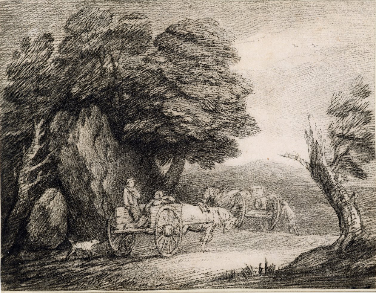 Metsäinen maisema kärryillä ja hahmoilla (etsaus paperille) tekijältä Thomas Gainsborough