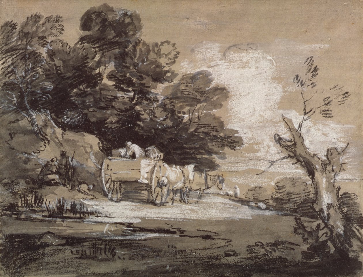 Metsäinen maisema maakärryillä ja hahmoilla, n. 1785-88 (musta ja valkoinen liitu pesulla paperille) tekijältä Thomas Gainsborough