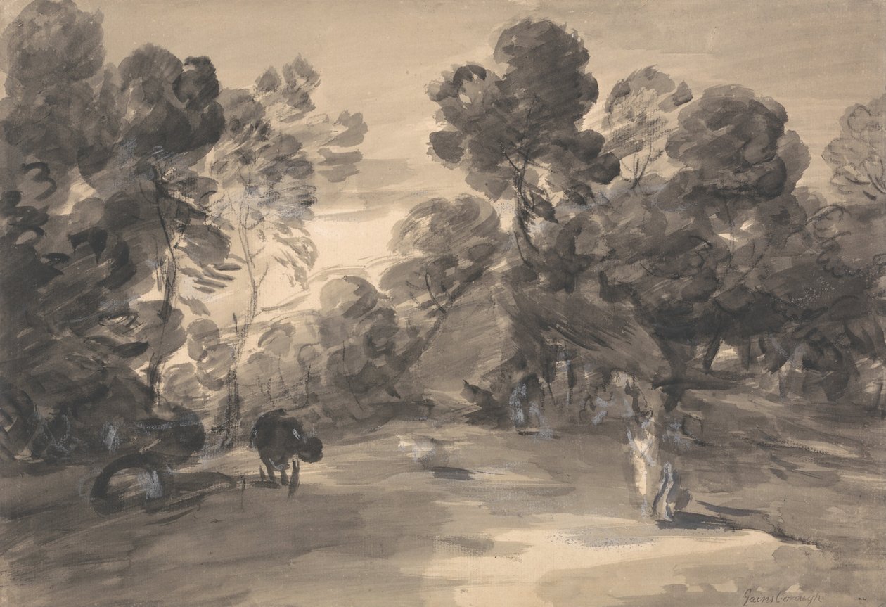 Metsäinen maisema, jossa on hahmoja, mökki ja lehmä tekijältä Thomas Gainsborough