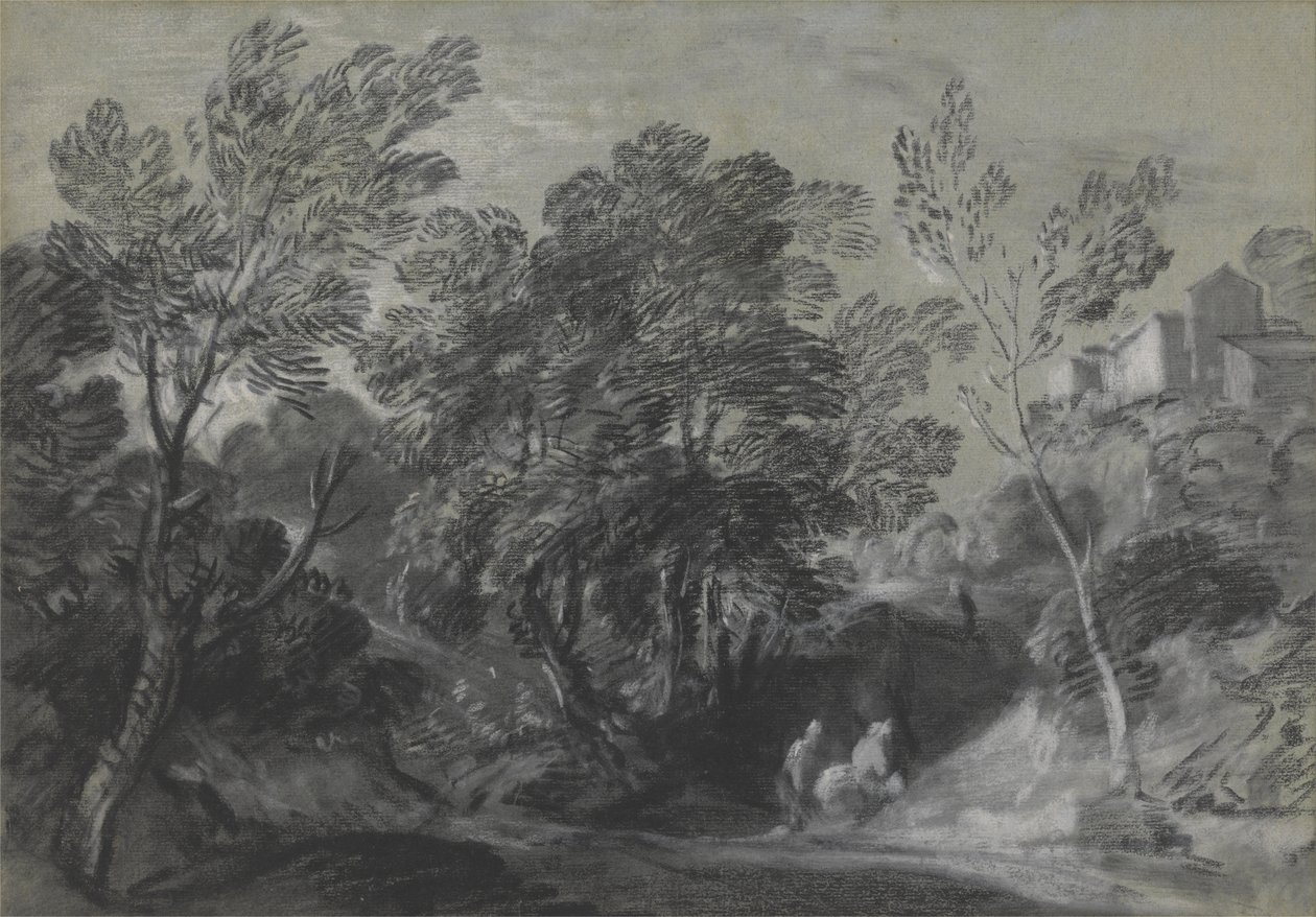 Metsäinen maisema, jossa on hahmoja ja taloja kukkulalla tekijältä Thomas Gainsborough