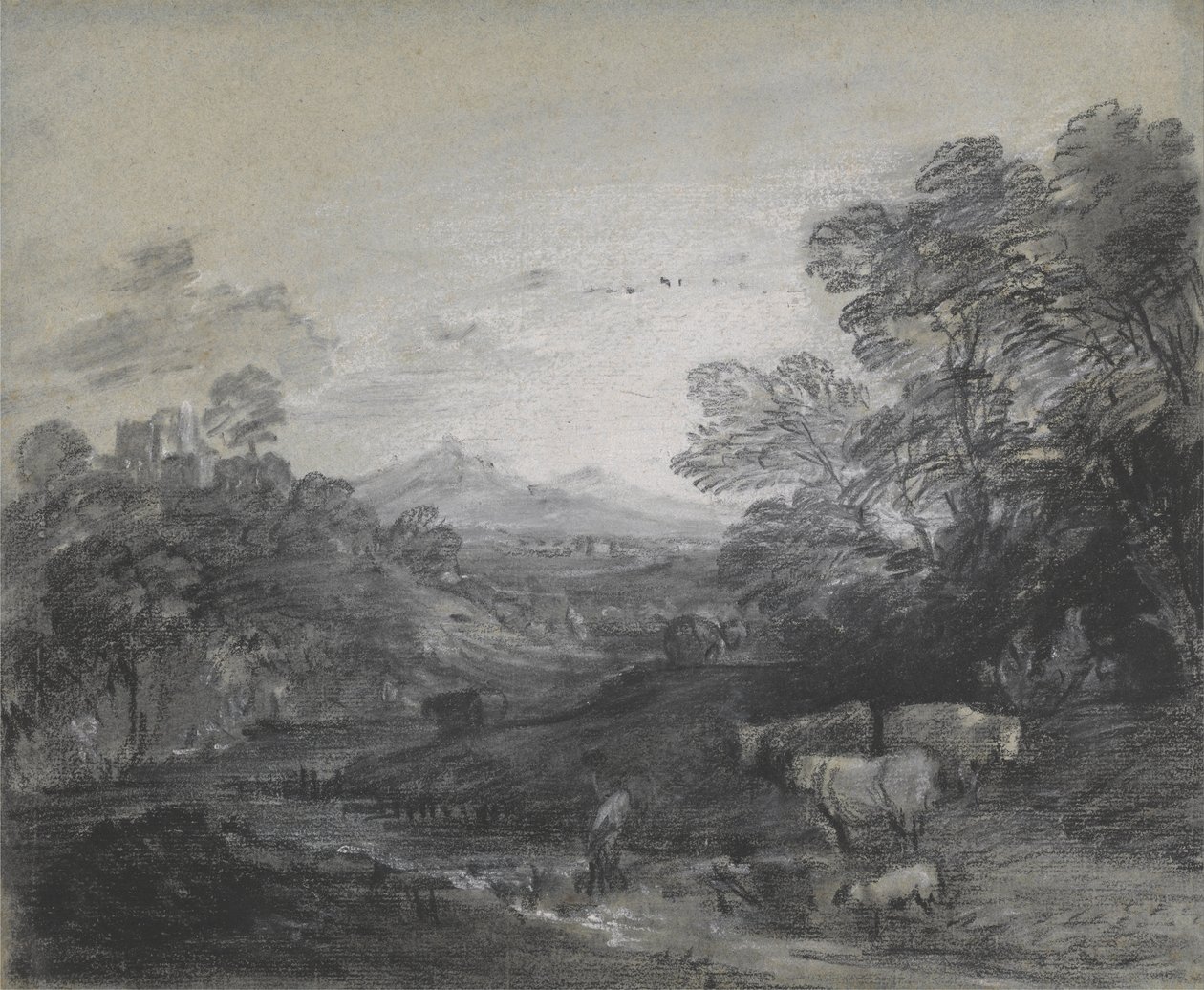 Metsäinen maisema paimenia ja karjaa, rakennuksia kukkulalla ja maalaismaisia ystäviä tekijältä Thomas Gainsborough