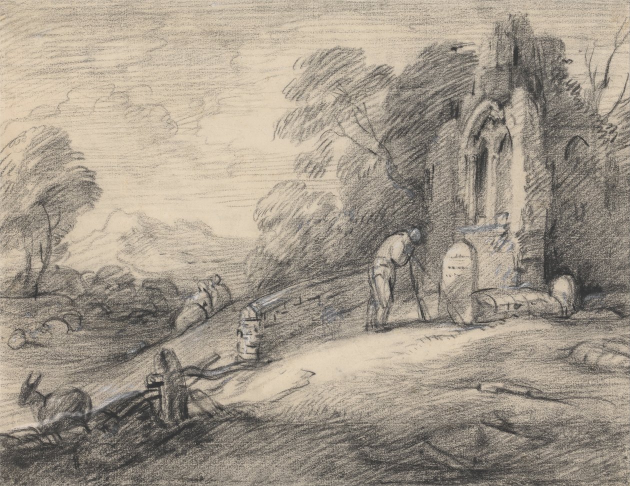 Metsäinen maisema talonpojan kanssa lukee kirjoitusta hautakivestä rauniokirkon vieressä, ... tekijältä Thomas Gainsborough