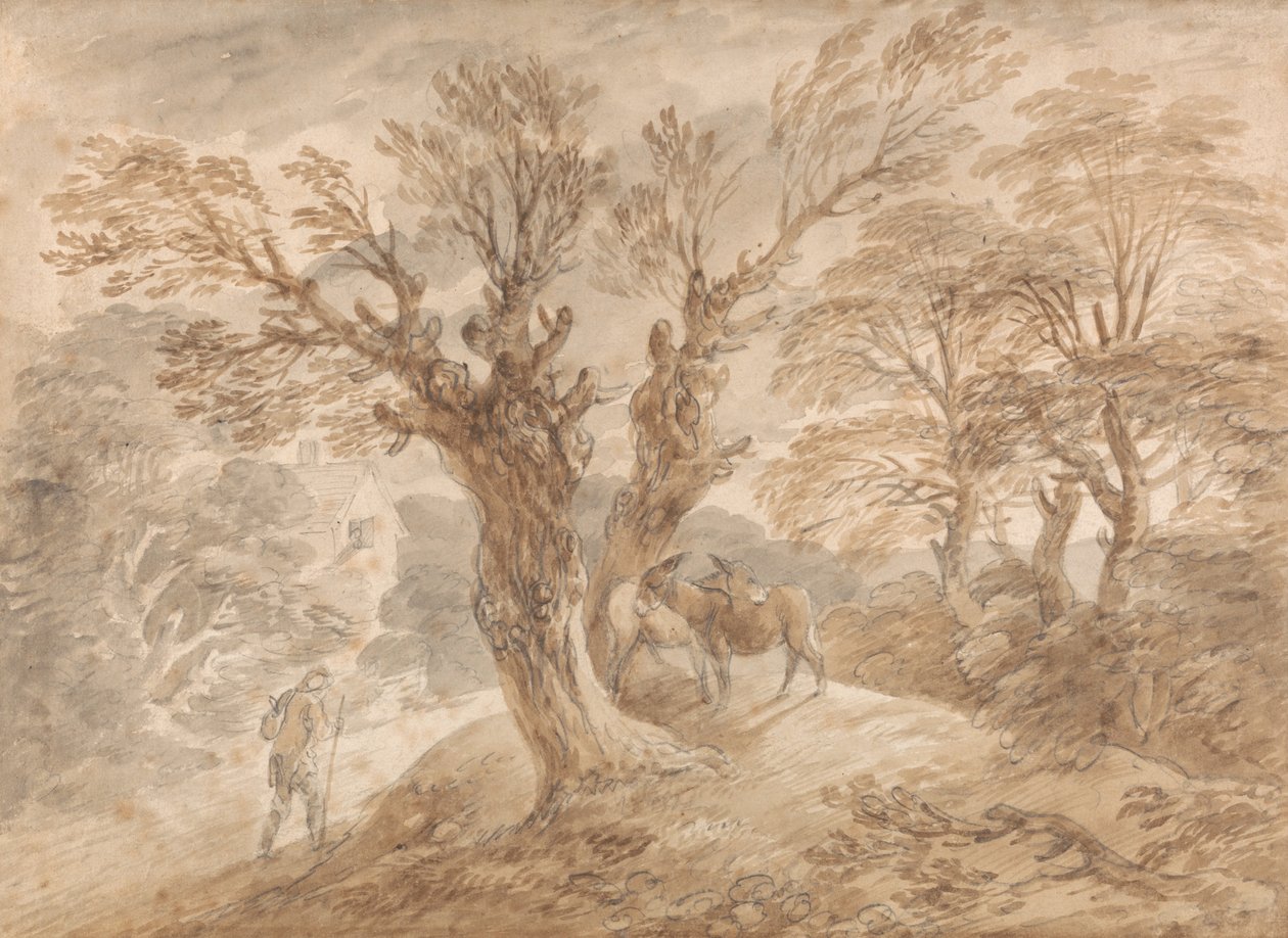 Metsäinen maisema talonpojan ja aasien kanssa tekijältä Thomas Gainsborough