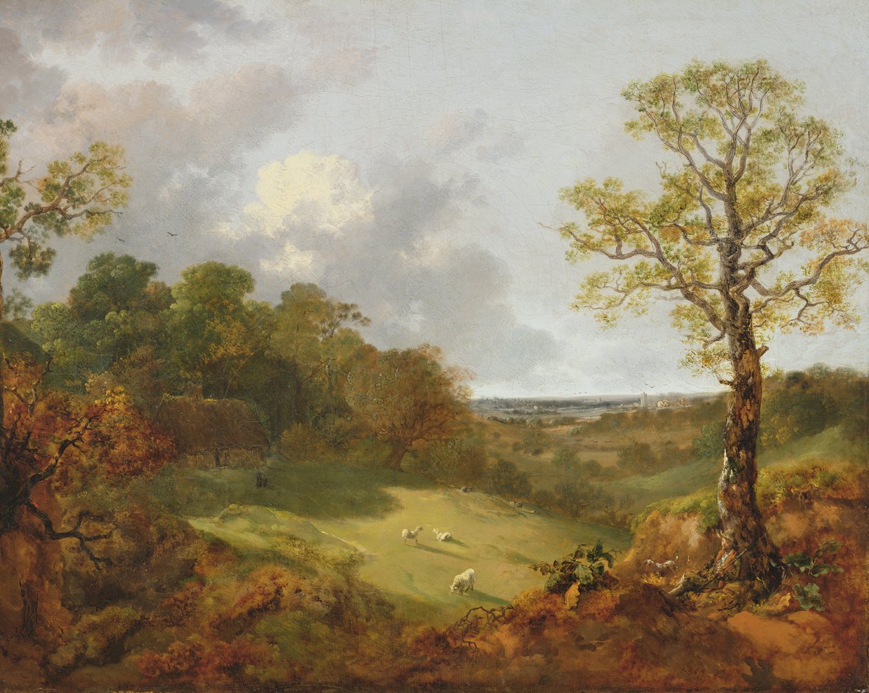 Metsäinen maisema, jossa mökki, lammas ja makuuasennossa oleva paimen, n. 1748-50 tekijältä Thomas Gainsborough