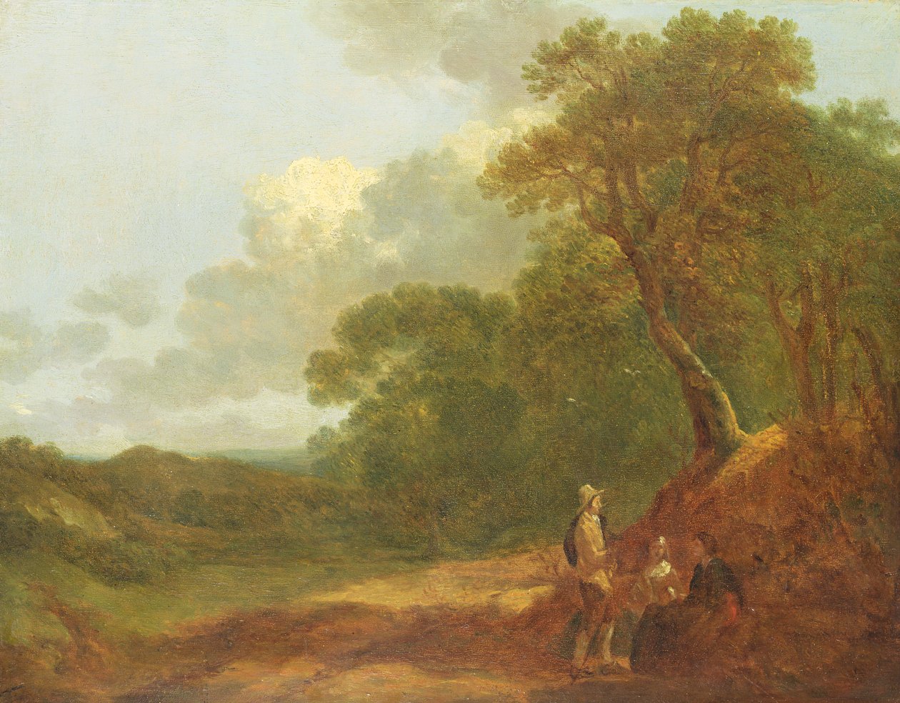 Metsäinen maisema, jossa mies puhuu kahdelle istuvalle naiselle tekijältä Thomas Gainsborough