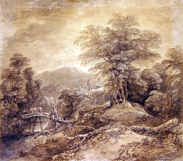 Metsäinen vuoristomaisema Herdsman & Cows Crossing, 1759 (kynä, muste ja wc paperilla) (katso myös 352793) tekijältä Thomas Gainsborough