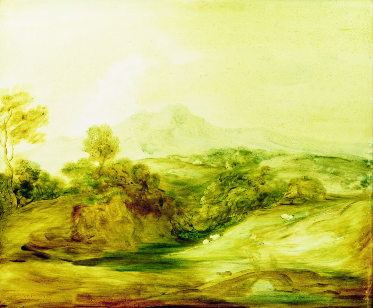 Metsäinen jokimaisema hahmoilla sillalla, n. 1783-4 (maali lasille) tekijältä Thomas Gainsborough
