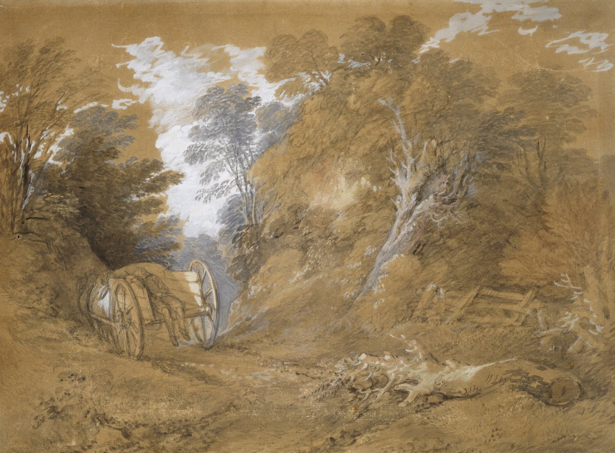 Metsämaisema, jossa talonpoika nukkuu kärryissä (akvarelli ja vartaloväri ruskealla paperilla grafiitin päällä) tekijältä Thomas Gainsborough