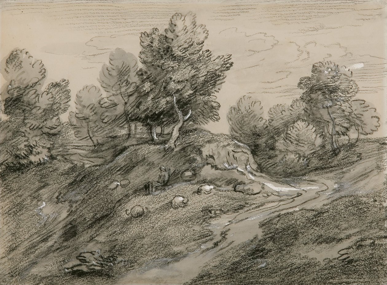 Metsäinen ylängön maisema, jossa on paimenta ja lampaita, ja maastorata, joka kiertyy mutkan ympärillä tekijältä Thomas Gainsborough