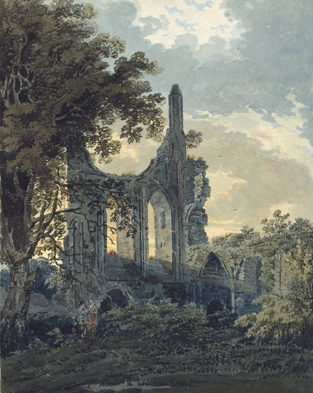 Byland Abbey, Yorkshire, n. 1793 (akvarelli, jota on kosketettu mustalla musteella grafiitin merkintöjen päällä) tekijältä Thomas Girtin
