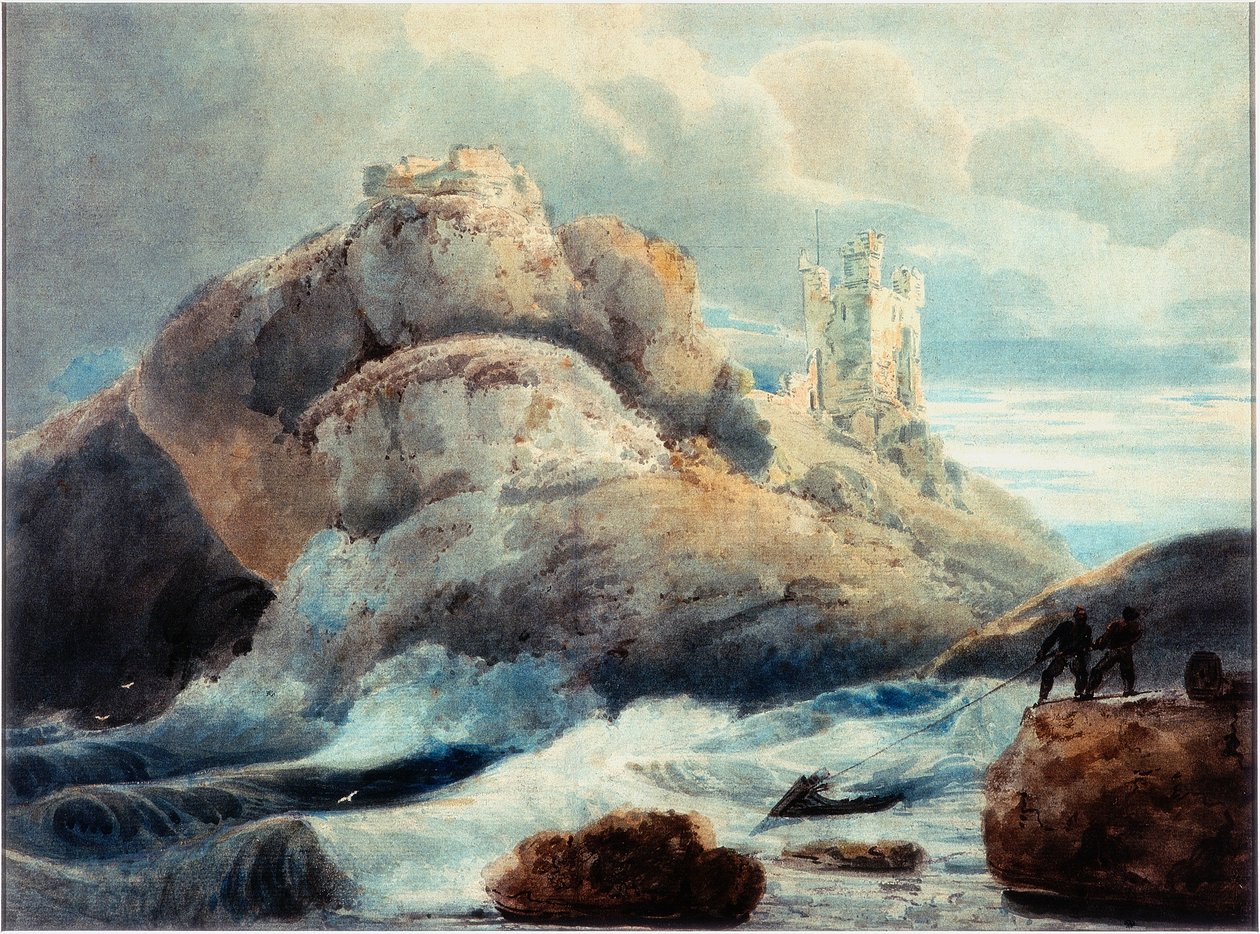 Dunstanburghin linna - Lilburn Tower (kynä ja akvarelli paperille) tekijältä Thomas Girtin