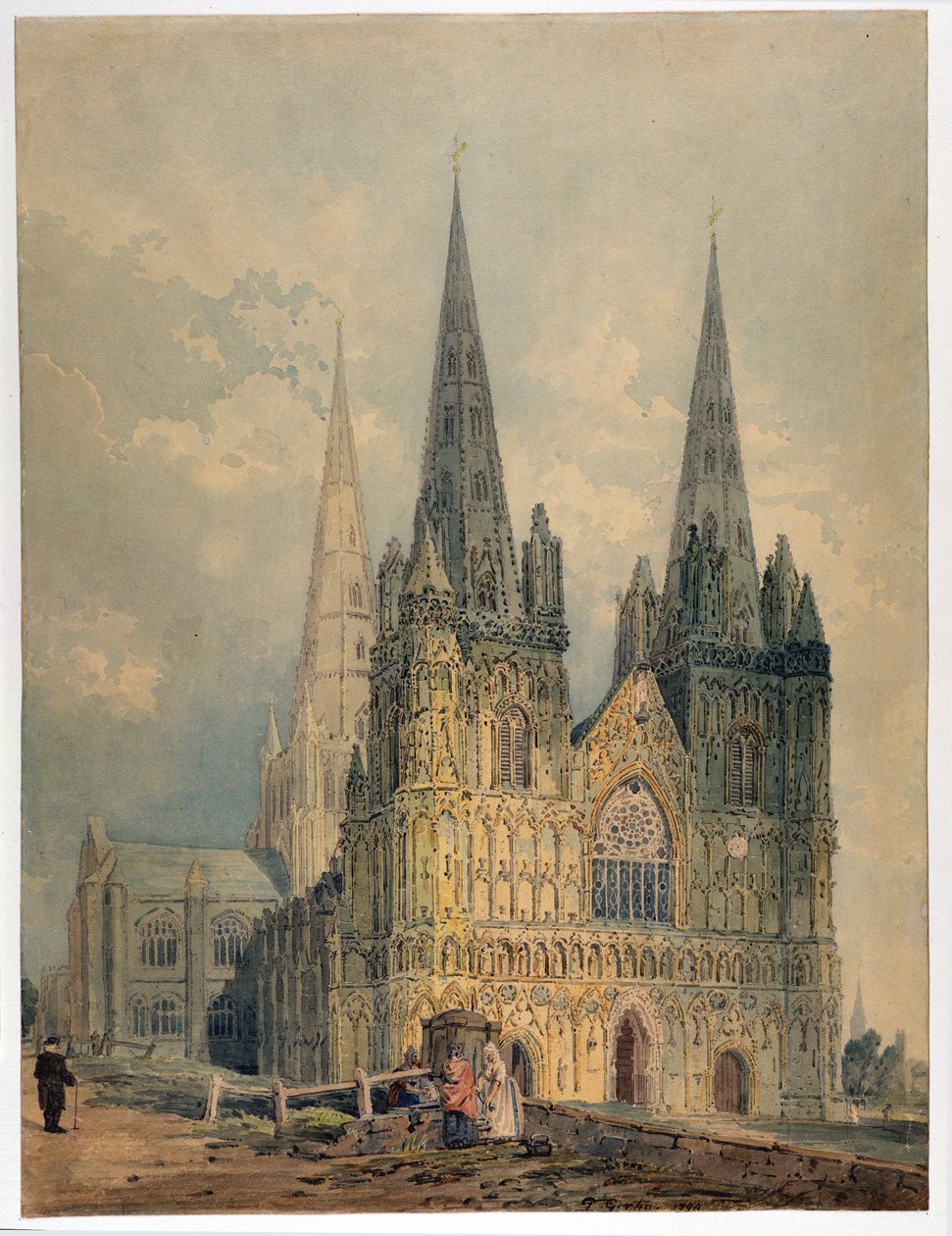 Lichfieldin katedraali, Staffordshire, 1794 (wc grafiitin päällä kudottupaperilla) tekijältä Thomas Girtin