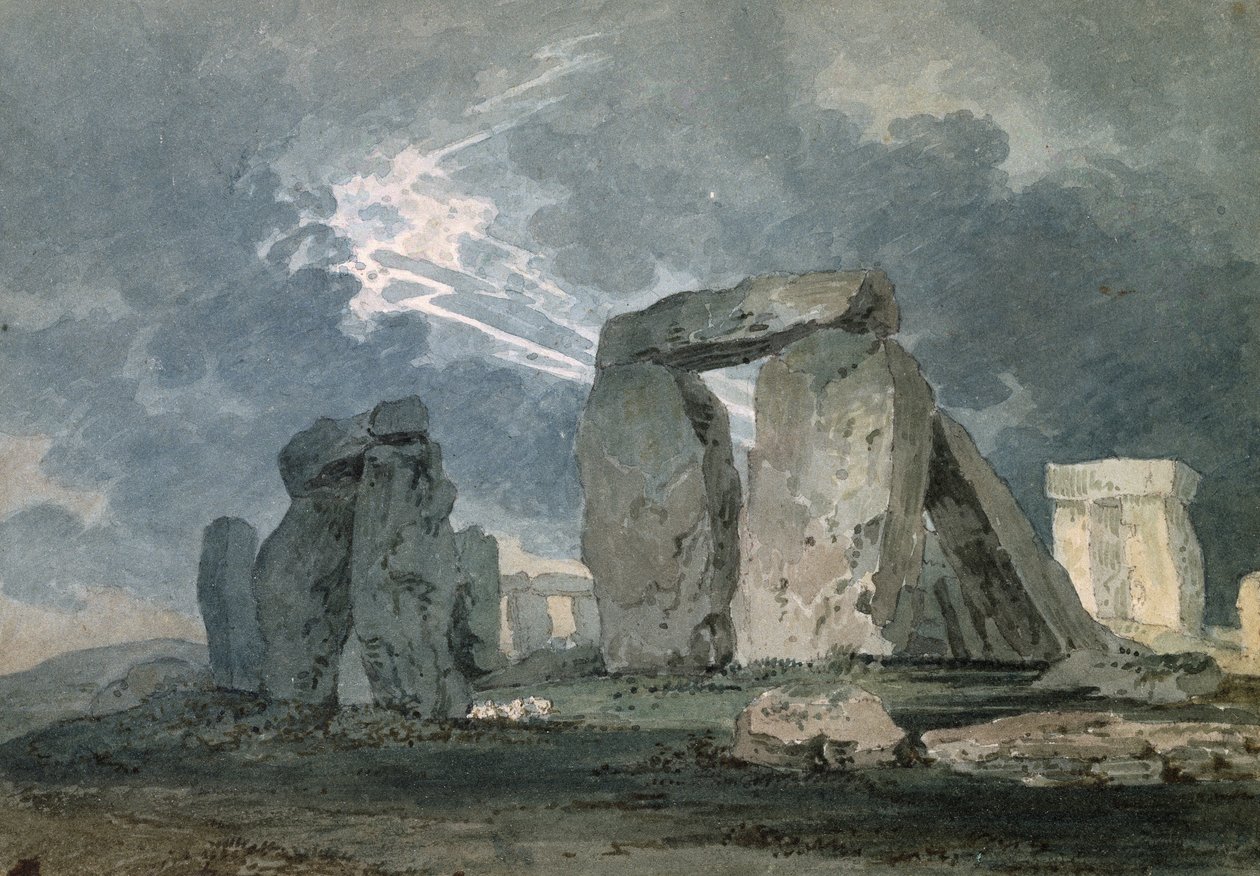 Stonehenge ukkosmyrskyn aikana, n. 1794 (akvarelli grafiittimerkintöjen päällä, kosketettu ruokokynällä) tekijältä Thomas Girtin