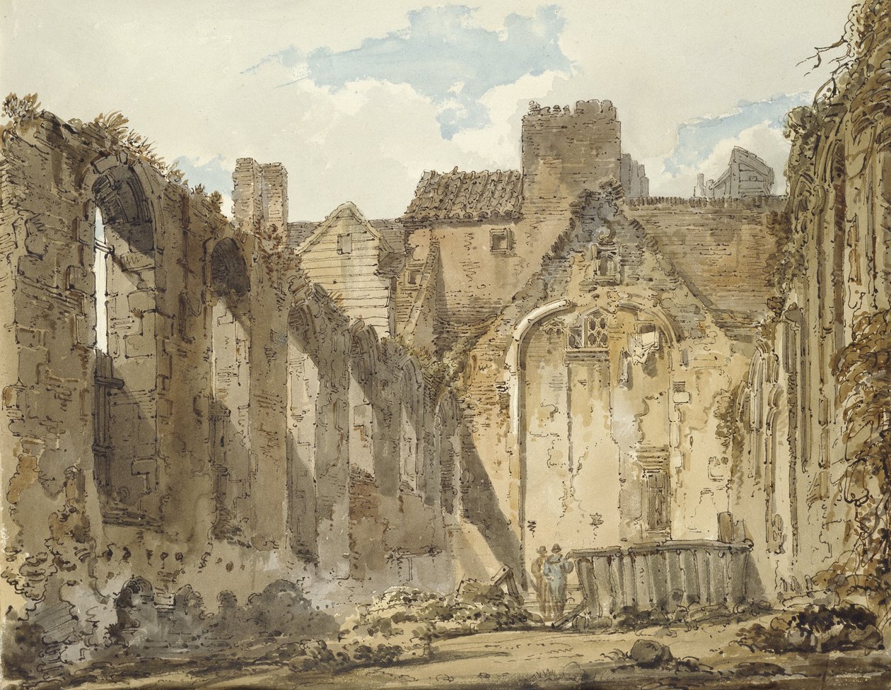 Kappelin rauniot Savoy-palatsissa, Lontoo, n. 1795-1796 (akvarelli ruskealla musteella, yli grafiitilla) tekijältä Thomas Girtin