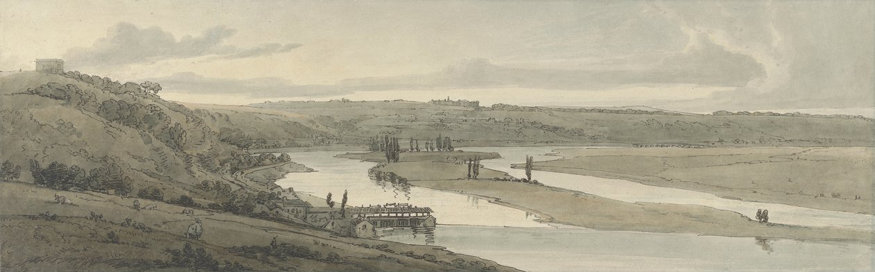 Marlin ja St. Germain-en-Layen vesilaitos kaukaa nähtynä, 1802 (käsinvärinen etsaus) tekijältä Thomas Girtin