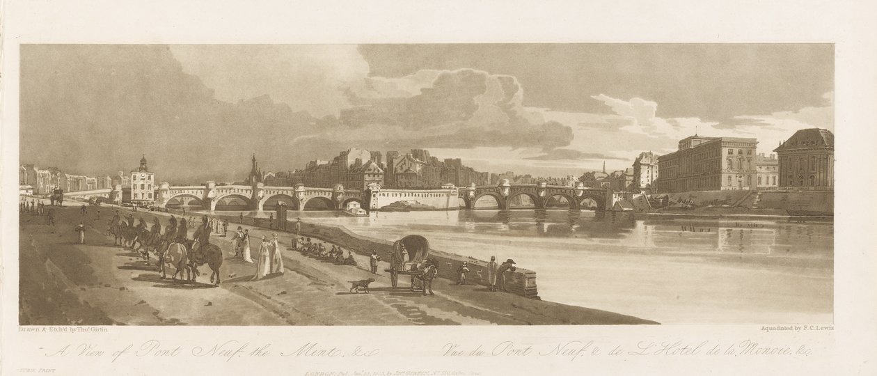 Näkymä Pont Neuf, The Mint & etc, n. 1802 (pehmeäpohjainen etsaus, kuivakärki ja wc paperilla) tekijältä Thomas Girtin