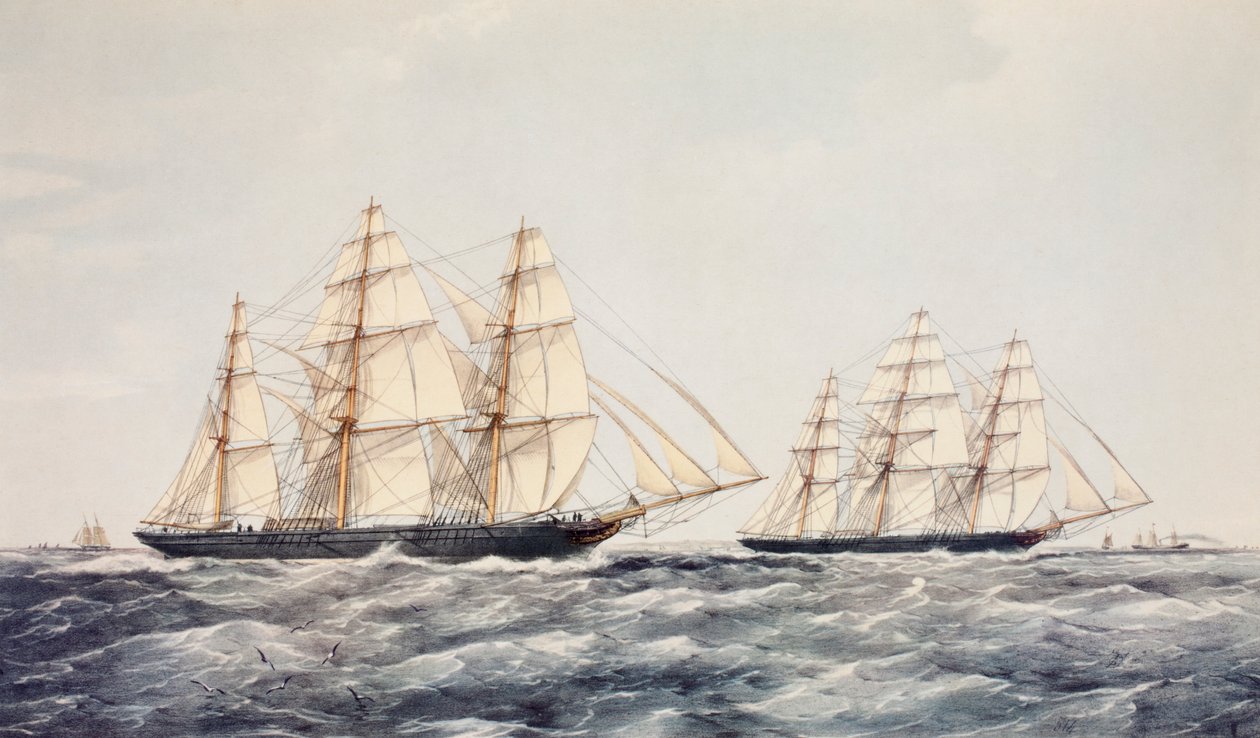 Teeklipperit Taeping (vasemmalla) ja Ariel (oikealla) vuoden 1866 suuressa teekilpailussa Kiinasta Lontooseen. tekijältä Thomas Goldsworth Dutton