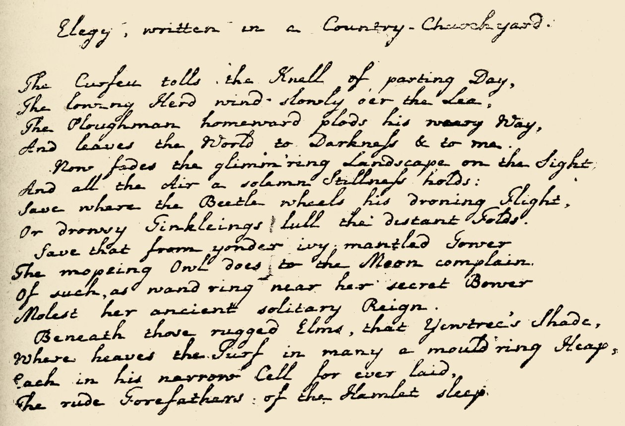 Sivu Greyn Elegiasta, n. 1742-1749 (kynä ja muste paperille) tekijältä Thomas Gray