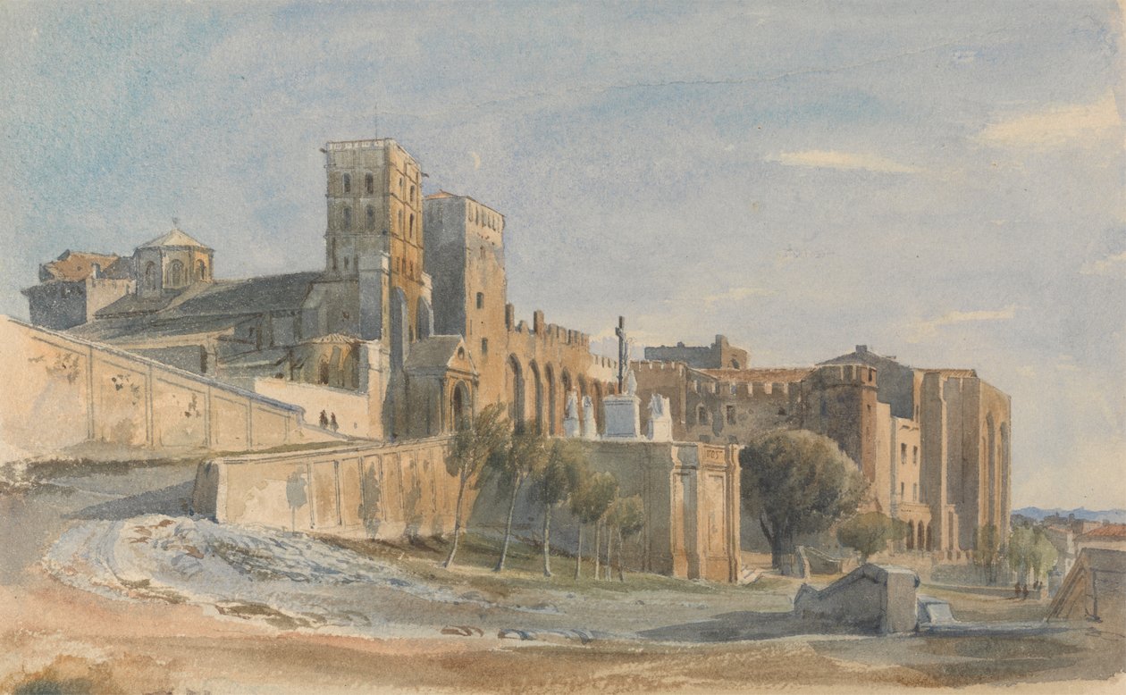 Katedraali ja paavien palatsi, Avignon, 1836 (wc, jossa on raapiminen kynällä paperille) tekijältä Thomas Hartley Cromek
