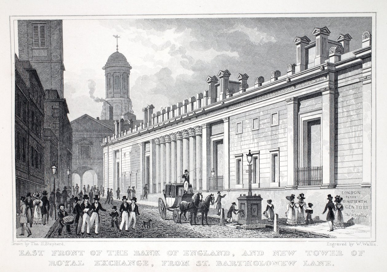 Bank of Englandin itärintama ja Royal Exchangen uusi torni St Bartholomew Bankista, "Lontoo ja sen ympäristö 1800-luvulla" -pubista. Jones und Co., 1827-1829 tekijältä Thomas Hosmer Shepherd