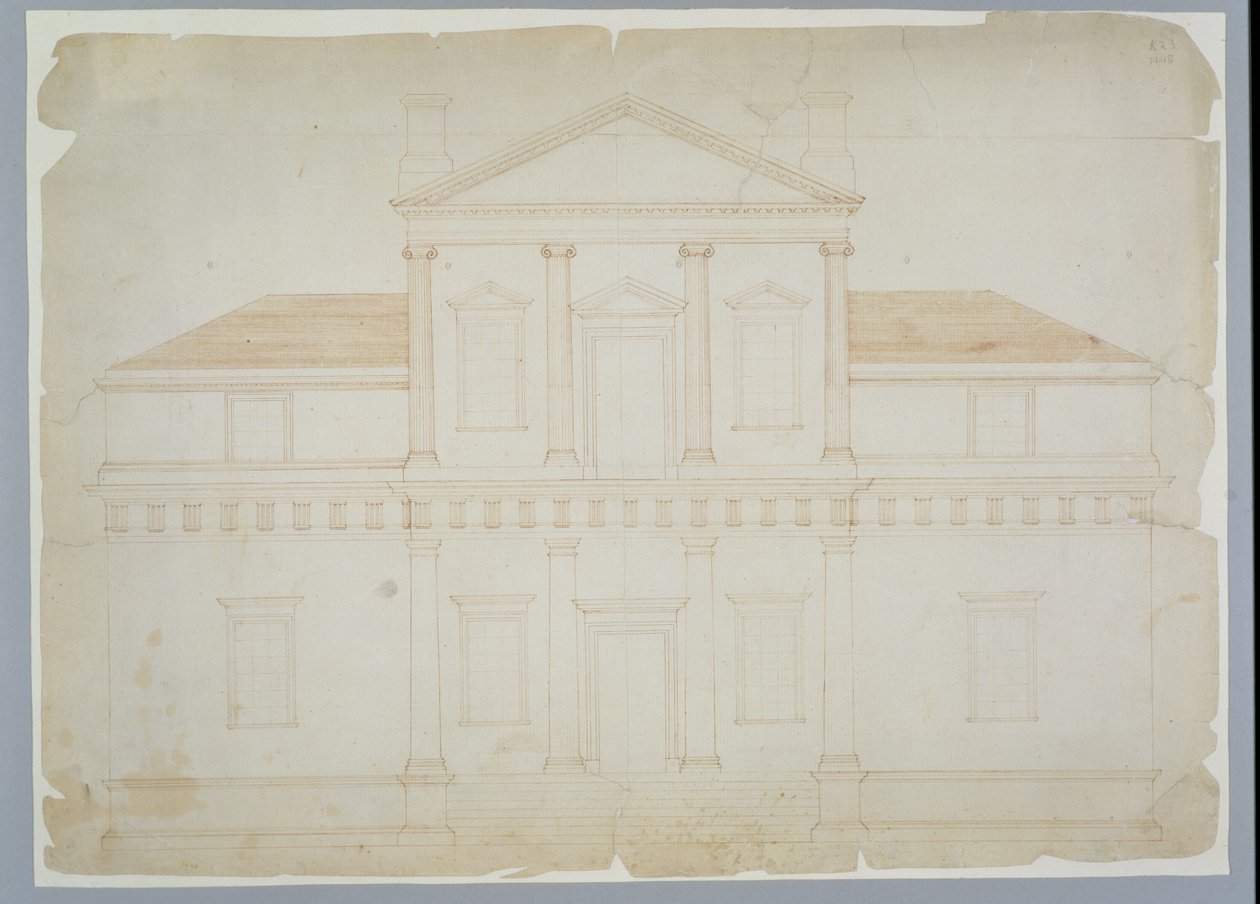Monticello, ensimmäinen versio (korkeusasema), luultavasti ennen maaliskuuta 1771 (ruskeaa mustetta lyötyyn paperiin) tekijältä Thomas Jefferson