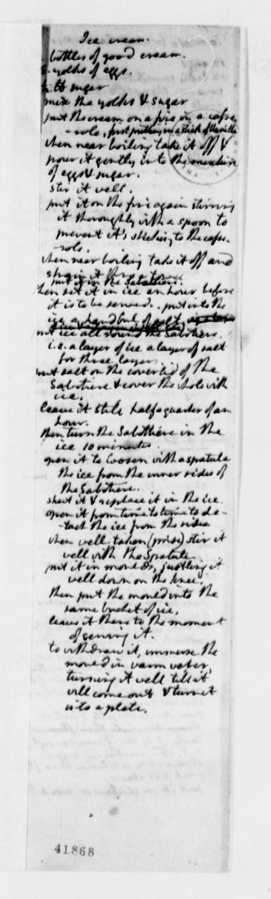 Vaniljajäätelön resepti, n. 1780 (muste paperille) tekijältä Thomas Jefferson