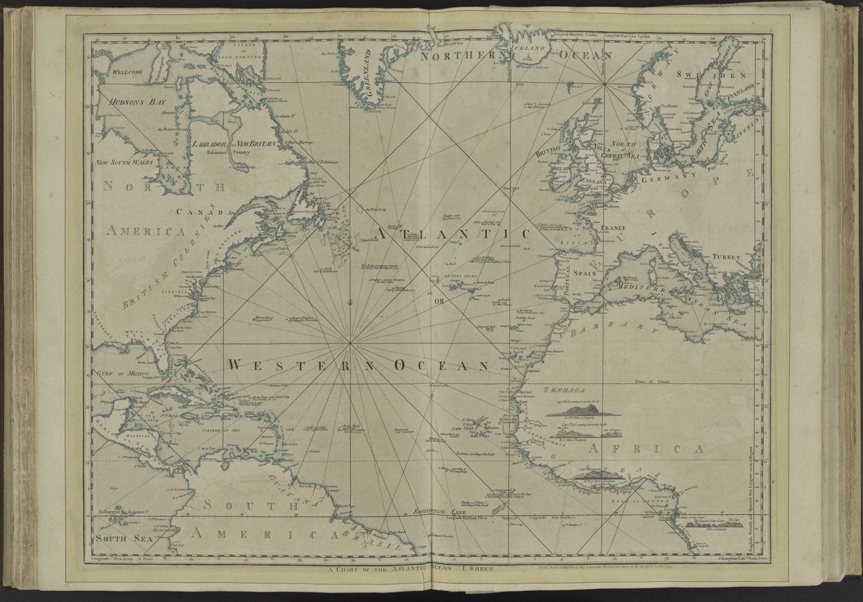 Atlantin valtameri tai läntinen valtameri Länsi-Intian atlassta, 1775 tekijältä Thomas Jefferys