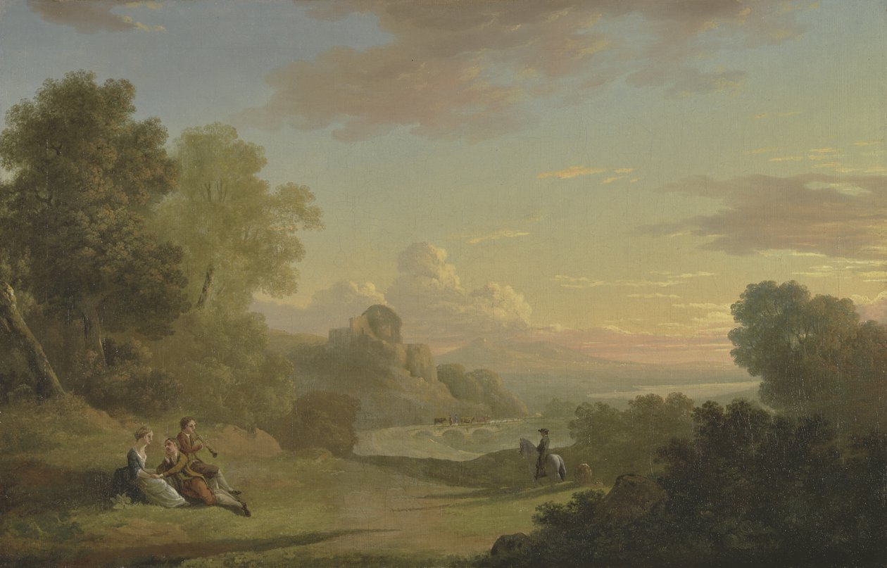 Kuvitteellinen maisema matkustajan ja hahmojen kanssa Baiaen lahdelle, 1773 tekijältä Thomas Jones