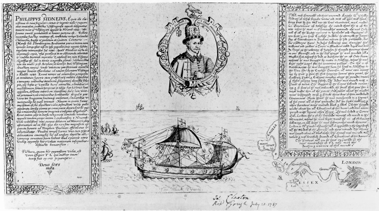 Black Pinnace tuo Sir Philip Sidneyn ruumiin takaisin Lontooseen, pubiin. vuonna 1588 tekijältä Thomas Lant