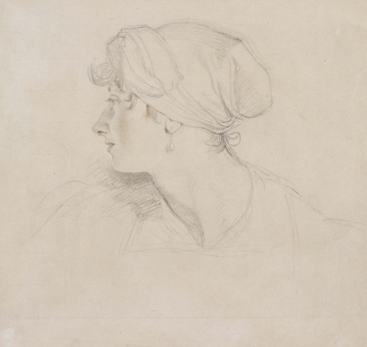 Rouva Jens Wolff (musta liitu, kosketettu punaisella liidulla ohuelle valkoiselle paperille, asetettu japanilaiselle paperille) tekijältä Thomas Lawrence