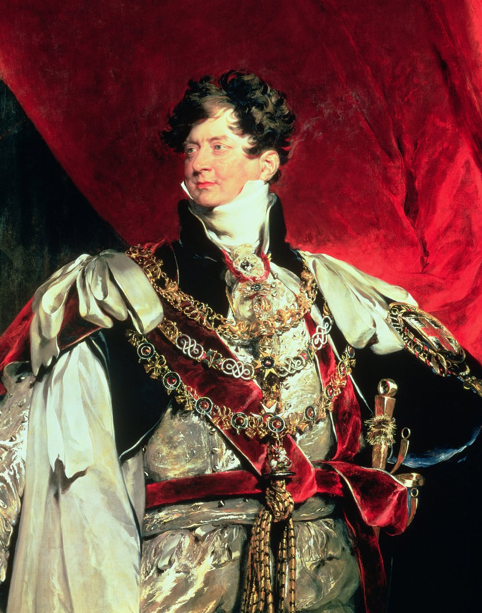 Prinssi Regent, myöhemmin Yrjö IV (1762-1830) sukkanauhavaatteissaan (detil 61203) tekijältä Thomas Lawrence