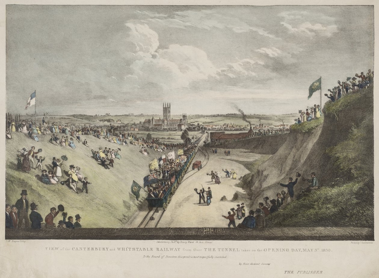 Näkymä Canterburyn ja Whitstablen rautatielle tunnelin yli, otettu avauspäivänä, 3. toukokuuta 1830 tekijältä Thomas Mann Baynes
