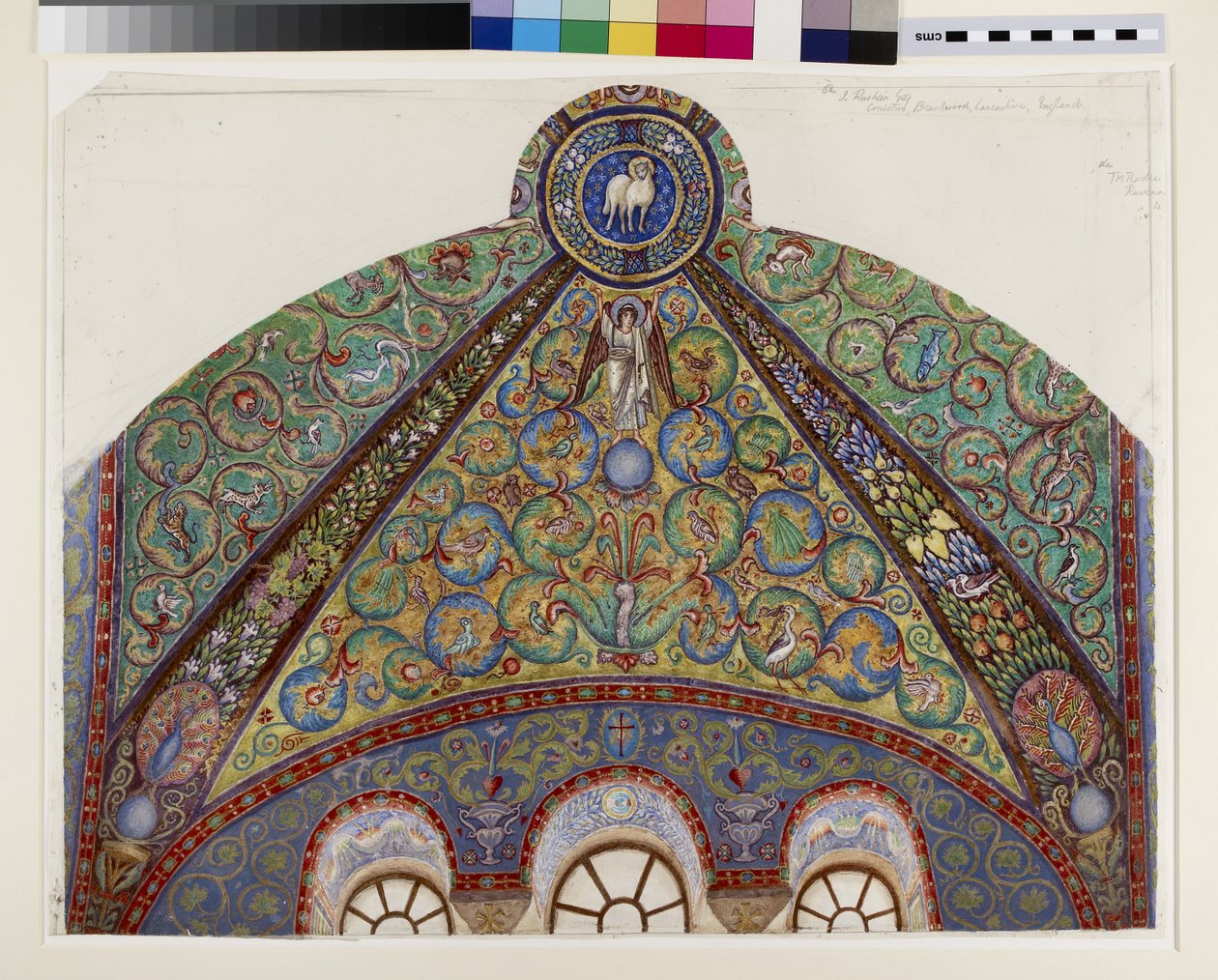 Mosaiikkipiirros San Vitalen kansliaholvissa Ravennassa, 1884 (akvarelli, vartaloväri ja kultamaali grafiitin päällä kudottupaperille) tekijältä Thomas Matthews Rooke
