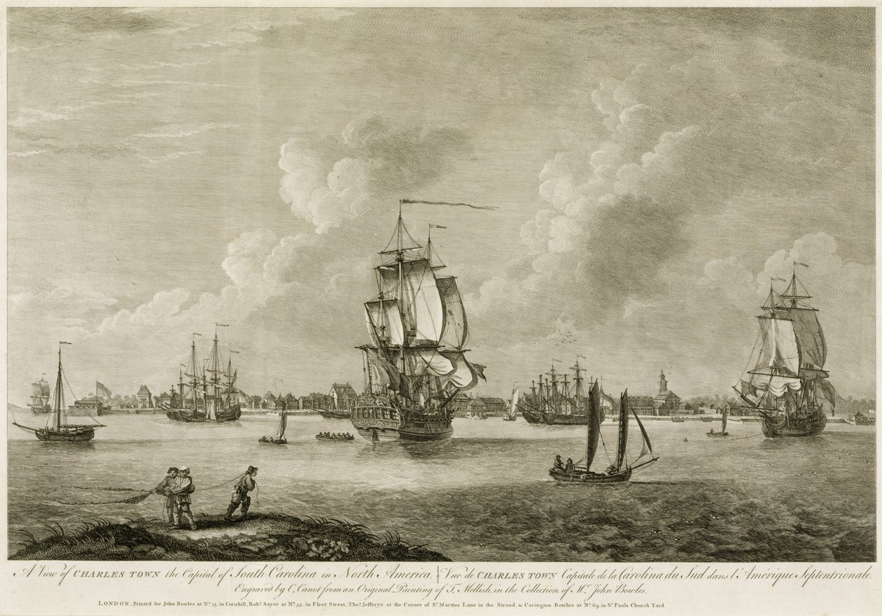 Näkymä Charles Townista, Etelä-Carolinan pääkaupungista Pohjois-Amerikassa, Scenographia Americanasta, kaiverrettu Pierre Charles Canot (1710-77), julkaistu 1758-60 tekijältä Thomas Mellish