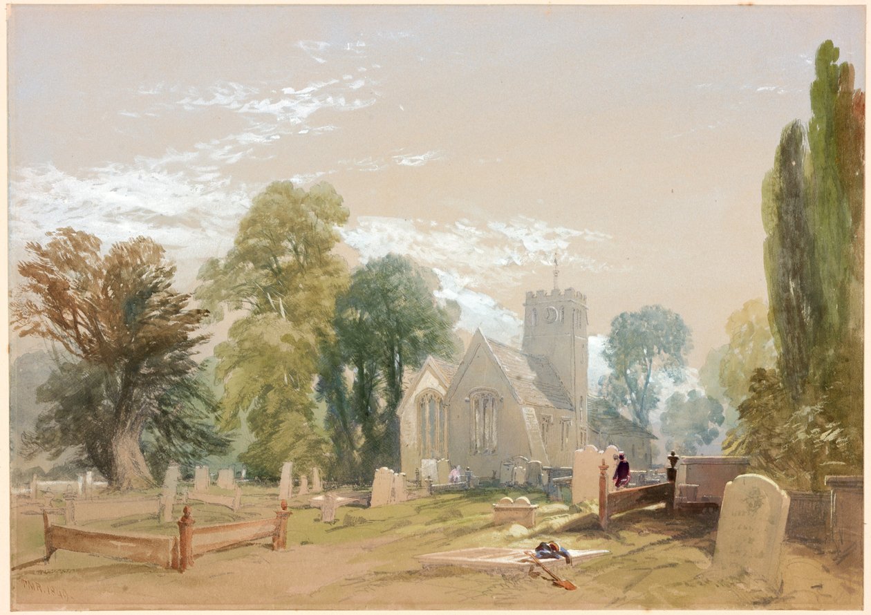 The Church and Churchyard, Chesters (bc, lyijykynä ja wc paperille) tekijältä Thomas Miles II Richardson