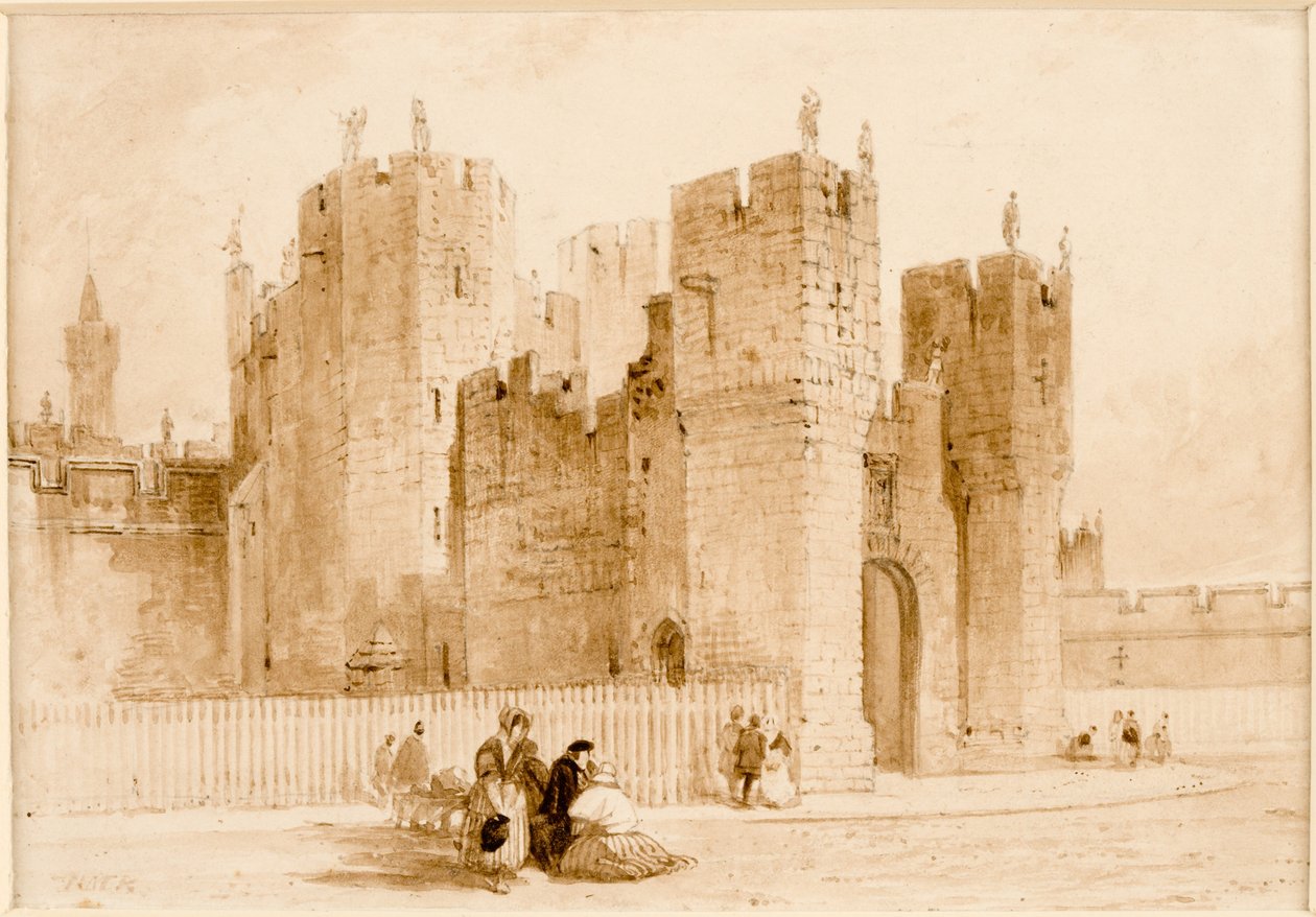 Alnwick Castle (muste (seepia) ja kynä kortilla) tekijältä Thomas Miles Richardson